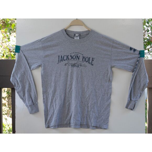 Jackson Hole Wyoming Elevation Heather Gray Long Sleeve T-Shirt Size M - Picture 1 of 6